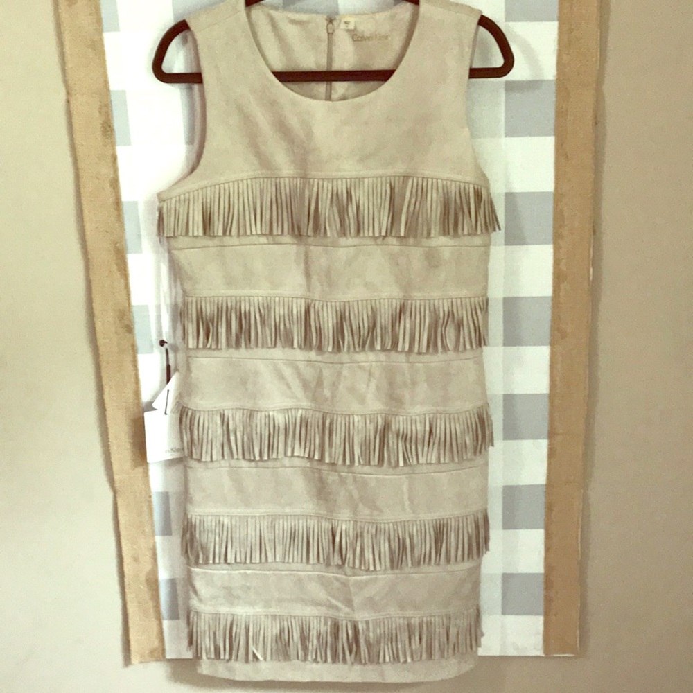 Calvin Klein tan sleeveless suede dress w/ fringe